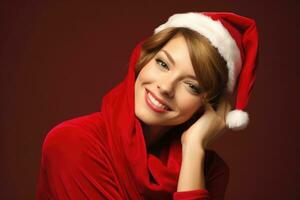 Photo of a beautiful 20 year's old woman wearing a charming santa clause costume against a solid colored background in a studio setting. Generative AI