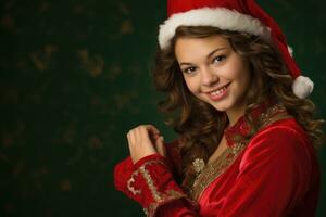 Photo of a beautiful 20 year's old woman wearing a charming santa clause costume against a solid colored background in a studio setting. Generative AI