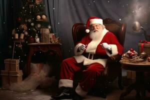 Photo of a jolly man dressed as Santa Claus in a festive studio. Generative AI