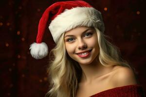 Photo of a beautiful 20 year's old woman wearing a charming santa clause costume against a solid colored background in a studio setting. Generative AI