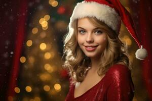 Photo of a beautiful 20 year's old woman wearing a charming santa clause costume against a solid colored background in a studio setting. Generative AI