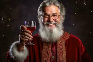 Photo of a jolly man dressed as Santa Claus in a festive studio. Generative AI