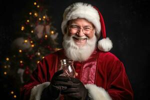 Photo of a jolly man dressed as Santa Claus in a festive studio. Generative AI