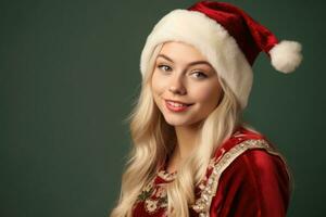 Photo of a beautiful 20 year's old woman wearing a charming santa clause costume against a solid colored background in a studio setting. Generative AI