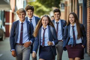 sincero Disparo de un grupo de amigos caminando juntos hacia el colegio entrada. generativo ai foto