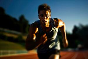 el agilidad y velocidad de un masculino atleta como él se involucra en un corriendo sesión en el pista. generativo ai foto