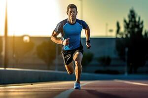 el agilidad y velocidad de un masculino atleta como él se involucra en un corriendo sesión en el pista. generativo ai foto