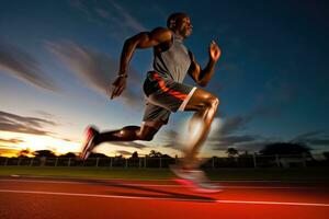 el agilidad y velocidad de un masculino atleta como él se involucra en un corriendo sesión en el pista. generativo ai foto