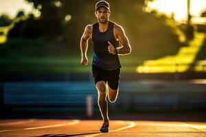 el agilidad y velocidad de un masculino atleta como él se involucra en un corriendo sesión en el pista. generativo ai foto