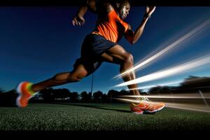 el agilidad y velocidad de un masculino atleta como él se involucra en un corriendo sesión en el pista. generativo ai foto