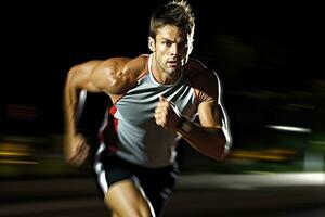 el agilidad y velocidad de un masculino atleta como él se involucra en un corriendo sesión en el pista. generativo ai foto