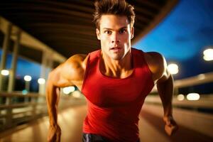The agility and speed of a male athlete as he engages in a sprinting session on the track. Generative AI photo