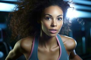 The strength and agility of a female athlete as she engages in high - intensity interval training at the gym. Generative AI photo