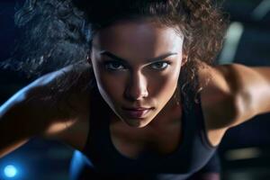 The strength and agility of a female athlete as she engages in high - intensity interval training at the gym. Generative AI photo