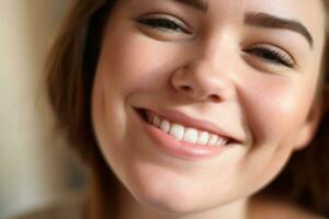 un cerca arriba Disparo de un sonriente más Talla mujer con natural y minimalista constituir, radiante yo aceptación. generativo ai foto