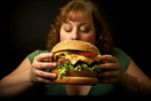 un grande hamburguesa y un exceso de peso mujer. conciencia de obesidad como un resultado de insalubre comiendo hábitos y rápido comida consumo. generativo ai foto