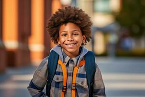 Portrait of a african american student boy ready for the first day of school wearing a backpack and posing with a big smile. Generative AI photo