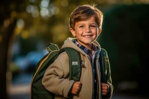 retrato de un caucásico estudiante chico Listo para el primero día de colegio vistiendo un mochila y posando con un grande sonrisa. generativo ai foto