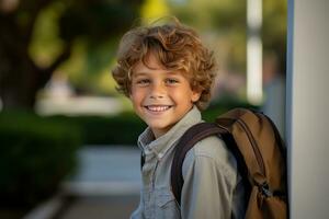 retrato de un caucásico estudiante chico Listo para el primero día de colegio vistiendo un mochila y posando con un grande sonrisa. generativo ai foto