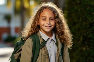 retrato de un caucásico estudiante niña Listo para el primero día de colegio vistiendo un mochila y posando con un grande sonrisa. generativo ai foto