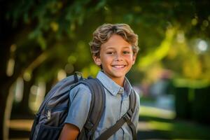 retrato de un caucásico estudiante chico Listo para el primero día de colegio vistiendo un mochila y posando con un grande sonrisa. generativo ai foto