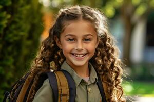 retrato de un caucásico estudiante niña Listo para el primero día de colegio vistiendo un mochila y posando con un grande sonrisa. generativo ai foto