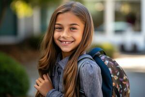 retrato de un caucásico estudiante niña Listo para el primero día de colegio vistiendo un mochila y posando con un grande sonrisa. generativo ai foto