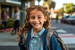 retrato de un caucásico estudiante niña Listo para el primero día de colegio vistiendo un mochila y posando con un grande sonrisa. generativo ai foto