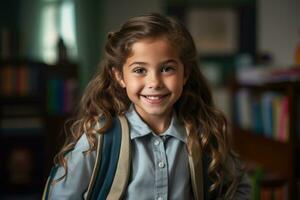 retrato de un caucásico estudiante niña Listo para el primero día de colegio vistiendo un mochila y posando con un grande sonrisa. generativo ai foto
