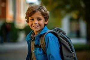 retrato de un caucásico estudiante chico Listo para el primero día de colegio vistiendo un mochila y posando con un grande sonrisa. generativo ai foto