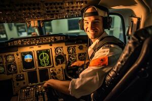 ambiental retrato de un piloto en el cabina de un avión, Listo para despegar. generativo ai foto