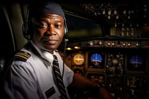 Environmental portrait of a pilot in the cockpit of an airplane, ready for takeoff.  Generative AI photo