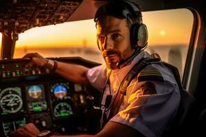 Environmental portrait of a pilot in the cockpit of an airplane, ready for takeoff.  Generative AI photo