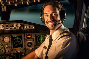 Environmental portrait of a pilot in the cockpit of an airplane, ready for takeoff.  Generative AI photo