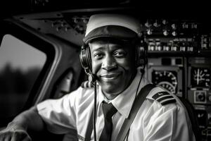 ambiental retrato de un piloto en el cabina de un avión, Listo para despegar. generativo ai foto