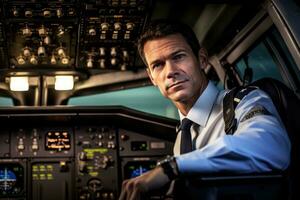 Environmental portrait of a pilot in the cockpit of an airplane, ready for takeoff.  Generative AI photo