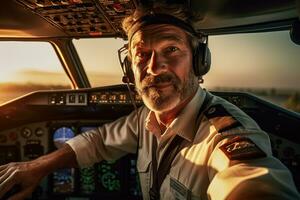 Environmental portrait of a pilot in the cockpit of an airplane, ready for takeoff.  Generative AI photo