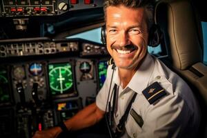 Environmental portrait of a pilot in the cockpit of an airplane, ready for takeoff.  Generative AI photo