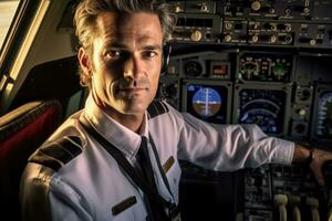 Environmental portrait of a pilot in the cockpit of an airplane, ready for takeoff.  Generative AI photo