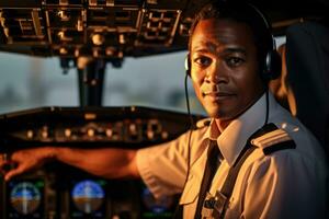 Environmental portrait of a pilot in the cockpit of an airplane, ready for takeoff.  Generative AI photo