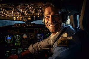 ambiental retrato de un piloto en el cabina de un avión, Listo para despegar. generativo ai foto