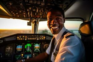 Environmental portrait of a pilot in the cockpit of an airplane, ready for takeoff.  Generative AI photo