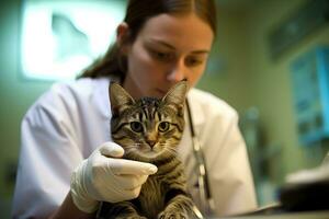 A female veterinarian as she performs a thorough examination on a feline patient. Generative AI photo