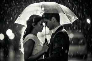 A close - up shot of a couple embracing under an umbrella in the rain. Generative AI photo