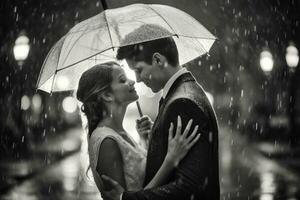 A close - up shot of a couple embracing under an umbrella in the rain. Generative AI photo