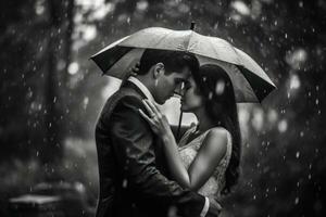 A close - up shot of a couple embracing under an umbrella in the rain. Generative AI photo
