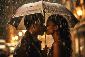 A close - up shot of a couple embracing under an umbrella in the rain. Generative AI photo