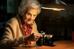 An elderly woman using a camera and a photography hobby, demonstrating her skills to adapt to modern developments. Generative AI photo