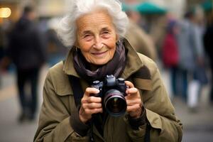 An elderly woman using a camera and a photography hobby, demonstrating her skills to adapt to modern developments. Generative AI photo