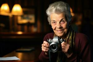 An elderly woman using a camera and a photography hobby, demonstrating her skills to adapt to modern developments. Generative AI photo